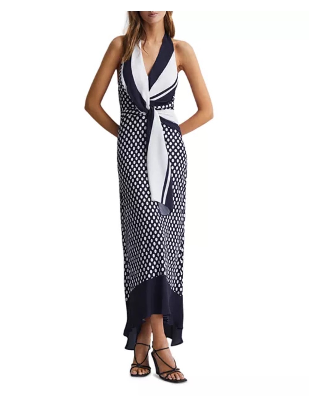 Reiss Navy Blue and White Polka Dot Backless Dress